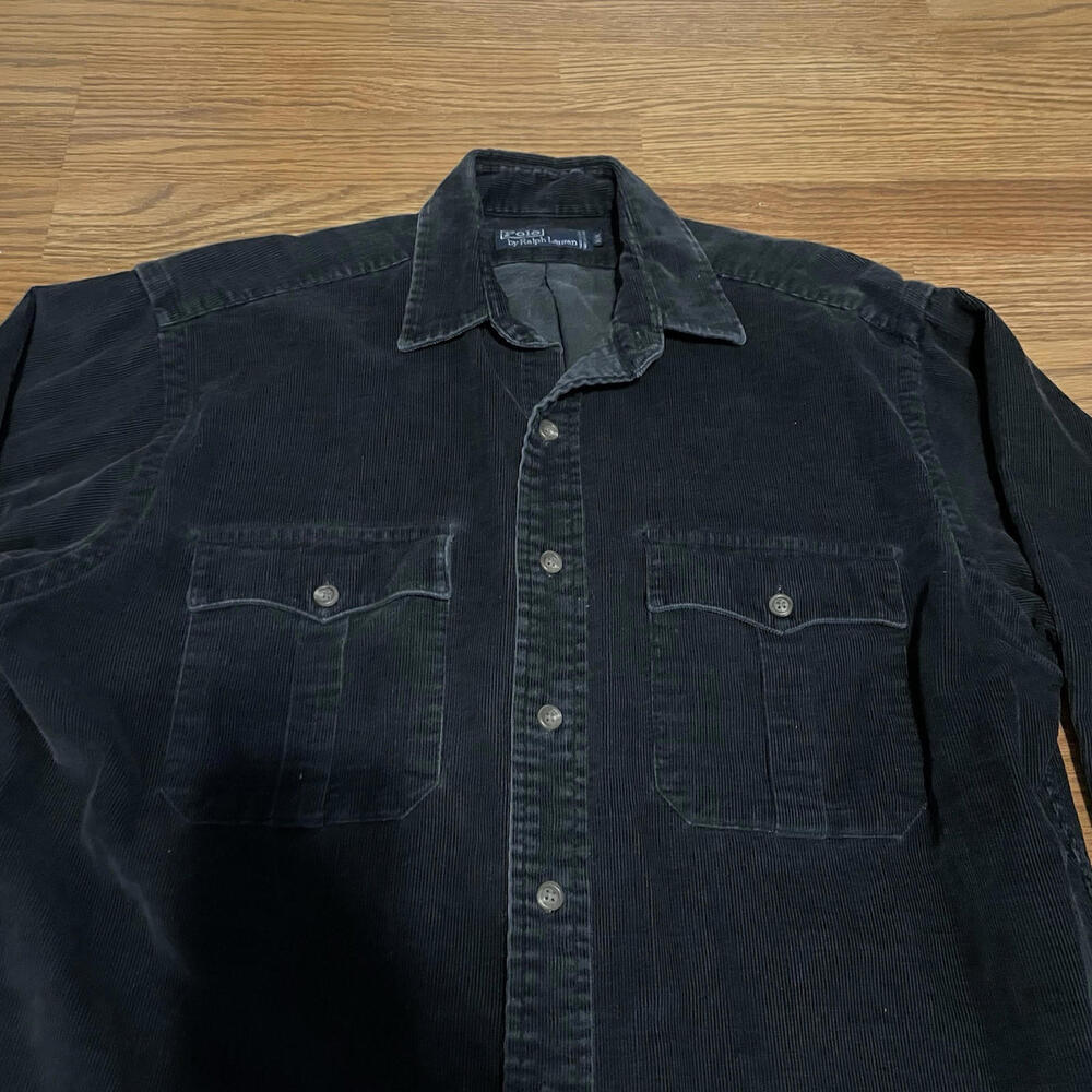Polo Ralph Lauren Black Corduroy Shirt Double Pocket Vintage Mens Size M Rare - Picture 2 of 8